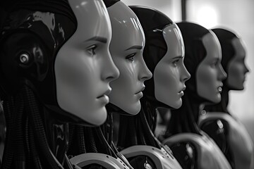 Aufkleber - Futuristic robotic mannequin heads Synthetic humans co-existing with real humans in a futuristic society