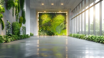 Wall Mural - Sustainable Corporate Headquarters with Vertical Farming Lobby Promoting Wellness and Environmental Stewardship