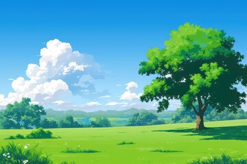 Picturesque rural landscape with lush green fields and a majestic tree under a bright blue sky