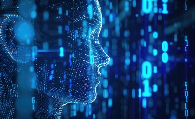 Glowing blue digital wireframe face and binary code in cyberspace