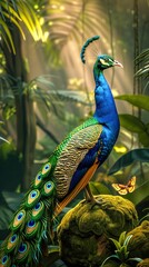 Majestic Peacock in Lush Jungle. Generative ai