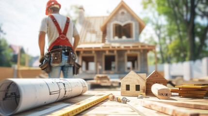 Construction Worker Overseeing Home Building Project with Blueprints and Tools in Foreground