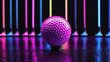 © Ankit - pink golf ball on a reflective surface, colorful lights in the background, neon tubes, vibrant modern contrast, nighttime