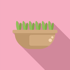 Wall Mural - Green grass growing in a pot with long shadow on pink background, flat design style