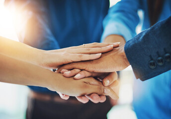 Poster - Group, business people and hands in stack for collaboration, support or diversity in workplace community. Staff, trust or teamwork at company office with commitment, together for goal with solidarity