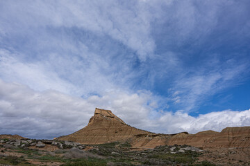 Mountainous landscape on a blue sky day in the Bardenas Reales
