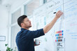 © Chanelle M/peopleimages.com - Businessman, writing and planning in office with whiteboard, thinking and creative brainstorming for tasks. Project manager, coffee and idea for marketing campaign, strategy development and workflow.