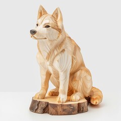 A figurine of a dog, a husky, carved from a solid pine tree by a hand jigsaw. On a white background .