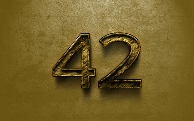 Wall Mural - 3D dark golden number design of 42 on cracked golden background.