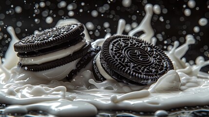 Wall Mural - Close-up of Oreo cookie falling into splashing milk