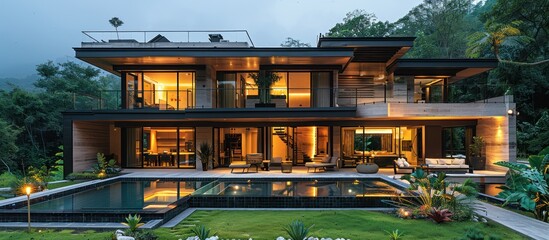 Wall Mural - Modern House with Swimming Pool in Lush Greenery