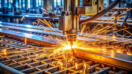 high-precision computer-controlled cutting machine blasts metallic ironwork with hot gas, crafting i