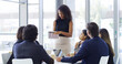 © peopleimages.com - Information, report and tablet with business people in boardroom of office together for feedback. Client, presentation and technology with woman employee talking to investors in workplace for intro