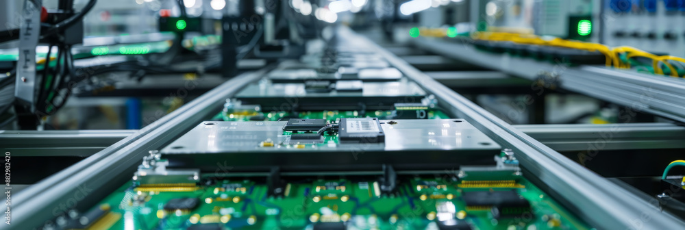 An electronics assembly line with soldering stations and circuit board ...