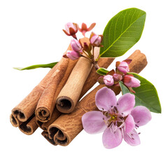 A bunch of cinnamon sticks and a pink flower