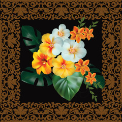 Canvas Print - brown frame with fine flowers and green leaves isolated on black background