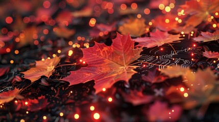 Autumn forest maple leaves and 3d programming interface concept for software and games