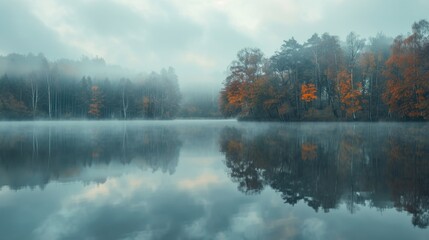 Wall Mural - A serene lake scene with trees in the background, perfect for outdoor or nature-inspired concepts