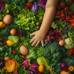 A child s hand reaching for an organic egg in a colorful salad, emphasizing the natural source of vitamins and minerals, Realism, Digital Art, Bright and engaging