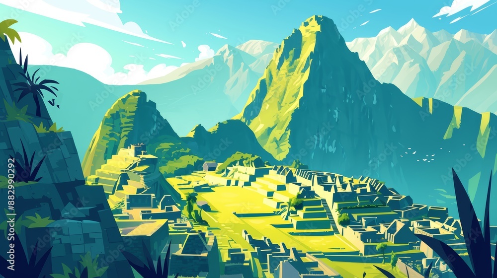 Cute cartoon landscape of the ancient Inca ruins of Machu Picchu, minimalist backgrounds, simple and colorful illustrations