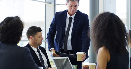 Canvas Print - Coffee, collaboration and meeting with business people in boardroom of office together for planning. Corporate. teamwork and technology with employee group in workplace for strategy discussion