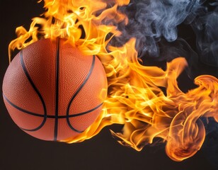 Sticker - Basketball ball in fire on a black background. Copy space.