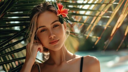 A woman wearing a beautiful flower in her hair