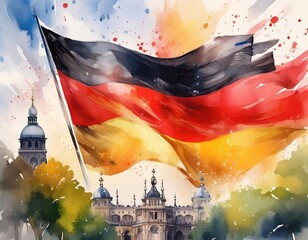 Wall Mural - Berlin Germany flag with crowd of people. Watercolor painting.