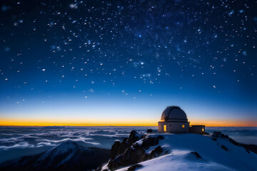 twilight hues embrace an alpine observatory under a celestial tapestry of twinkling stars