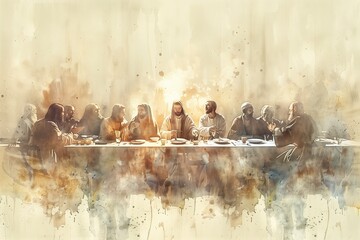 Digital illustration of Jesus Last Supper with disciples gathered around table. Feast scene features wine glasses, bowls, and plates on white cloth. Neutral beige background adds depth and dimension.