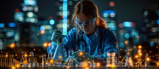 Wall Mural - female scientist working in factory. mixed media