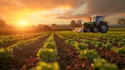 Wall Mural - Sunset over Farm Field with Tractor