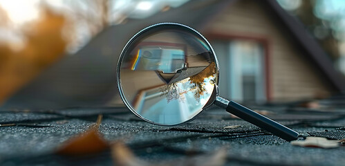 Sticker - A magnifying glass hovering over a house roof symbolizing real estate investment and house hunting. Concept Real Estate Investment, House Hunting, Magnifying Glass, Home Ownership, Property Search