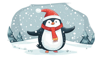 Penguin in winter illustration on a transparent background