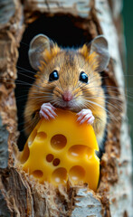 Wall Mural - A mouse is holding a piece of cheese in its mouth. Concept of curiosity and playfulness, as the mouse seems to be enjoying its snack