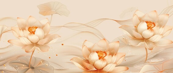 Wall Mural - A line art design of lotus flowers, outlined in delicate gold lines against an offwhite background.