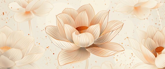 Wall Mural - A line art design of lotus flowers, outlined in delicate gold lines against an offwhite background.