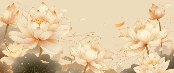 Wall Mural - A line art design of lotus flowers, outlined in delicate gold lines against an offwhite background.