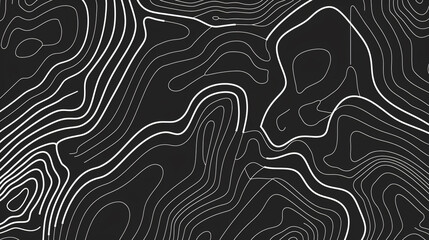 Poster - Topographic map background, vector illustration with white lines on black background. Abstract design for travel or outdoor activities concept. Flat lay. Minimal style. Vector Illustration.