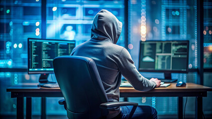hacker anonymous hacking password and security system.. Hacker sitting at the computer in a hood