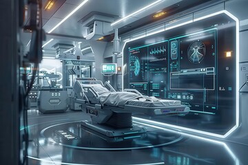 A futuristic medical examination room with high-tech equipment and a glowing interface.