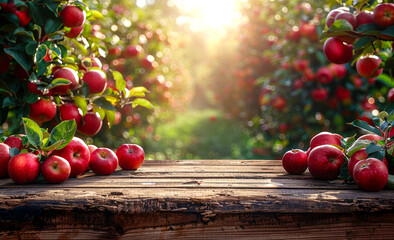 Wall Mural - A table with a bunch of apples on it. The apples are red and are arranged in a way that they look like they are ready to be picked.