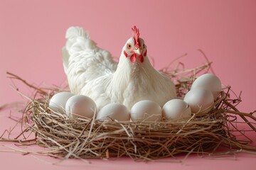 Wall Mural - A chicken sits in nest with white eggs. White hen on eggs on a pink background. Chicken eggs. Pet.