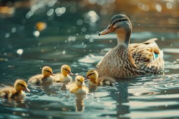 Wall Mural - Duck with ducklings on lake. Duck with little ducklings top view. Ducklings on the back of a duck on a pond. Pet. Native bird.