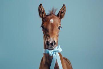 A brown foal on a blue background. A small horse with blue bow. Professional photo. domestic animal