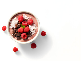 Wall Mural - Close up of a heathy smoothie bowl with raspberries and chocolate chips on top, white background with copy space