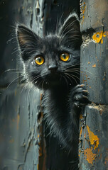 Wall Mural - A black kitten peeking out from behind a wall