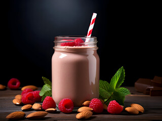 Wall Mural - Close up of a healthy smoothie with raspberries in a jar on wooden table, dark background