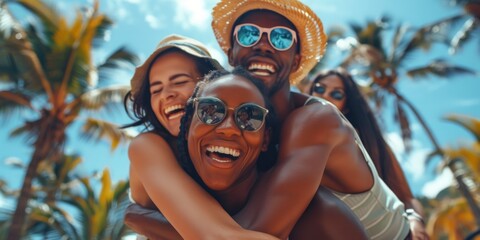 A group of people relaxing on a sunny beach with palm trees in the background, great for travel and leisure images