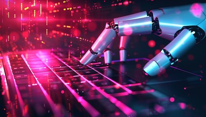 Robot Hand Typing on a Neon Keyboard